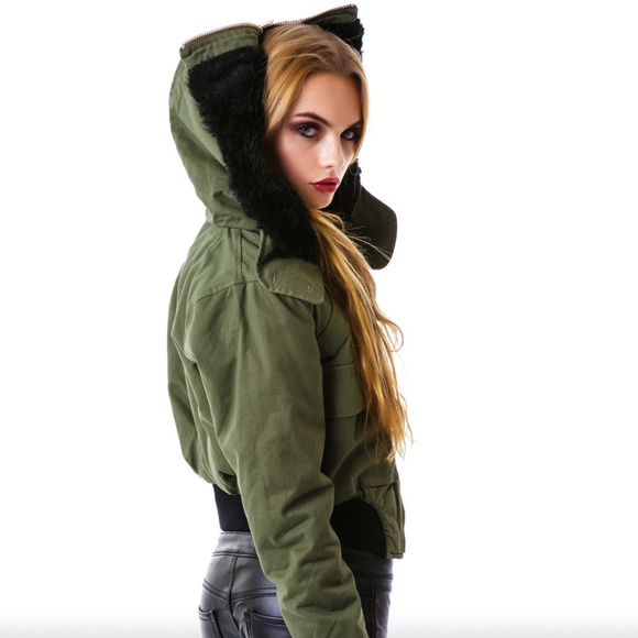 UNIF Trench Cropped Bomber Jacket Military in Olive Orange Black Women's size S - Picture 3 of 17